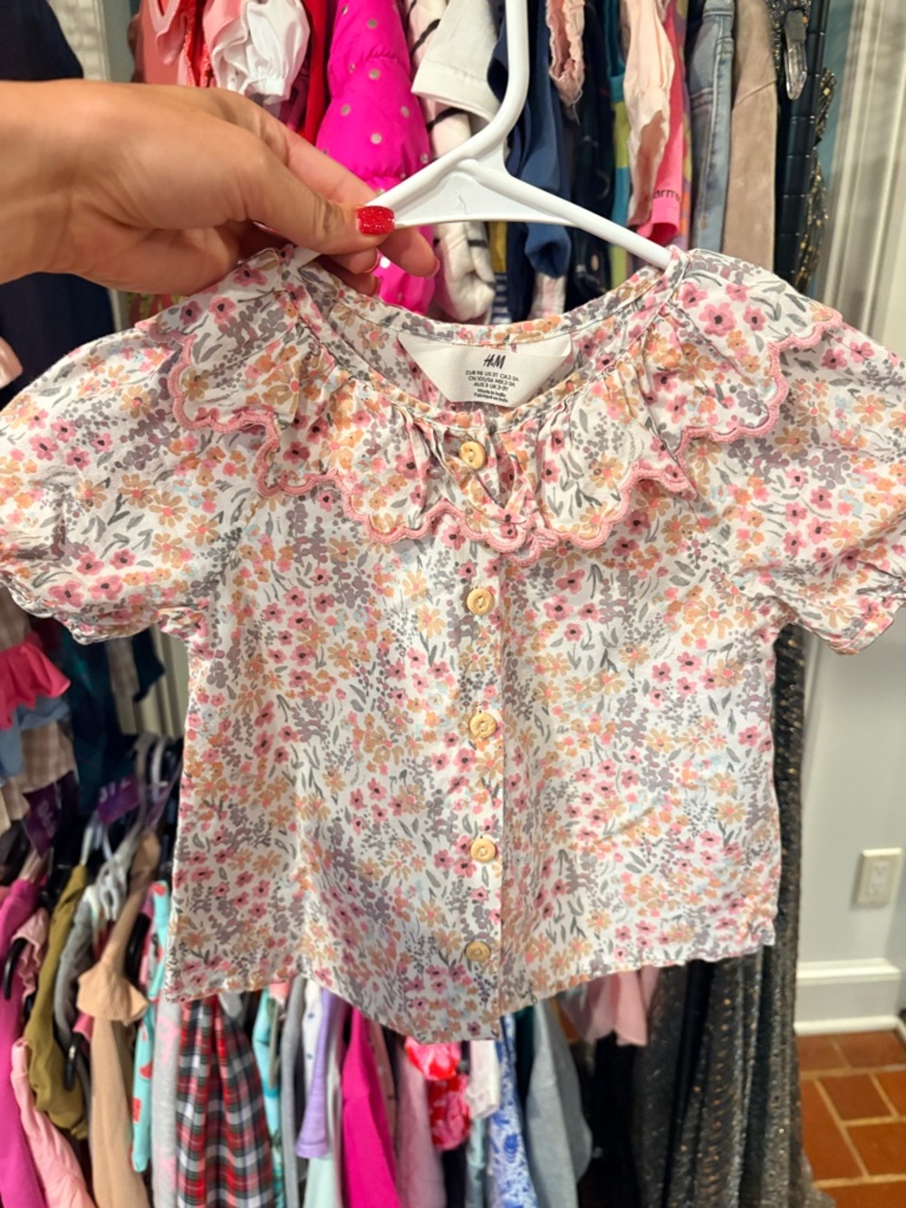 H&M Girls Floral Ruffle Collar Button-Front Top - Pink & Cream